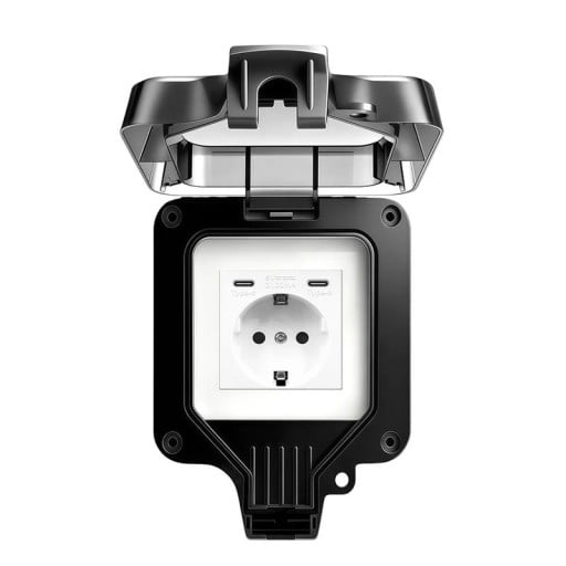 Voděodolná venkovní zásuvka IP66 se 2x USB-C a krytem, 16A 220V, EU s uzemněním, plastová, černá, na zahradu, terasu i do garáže