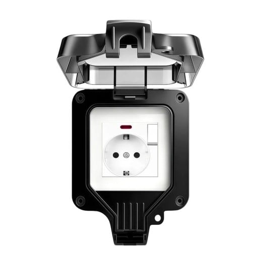 Voděodolná venkovní zásuvka s vypínačem a odklápěcím krytem IP66, EU Schuko 16A 220V, 11 x 11 cm, plast, černá, na zeď do zahrady i garáže