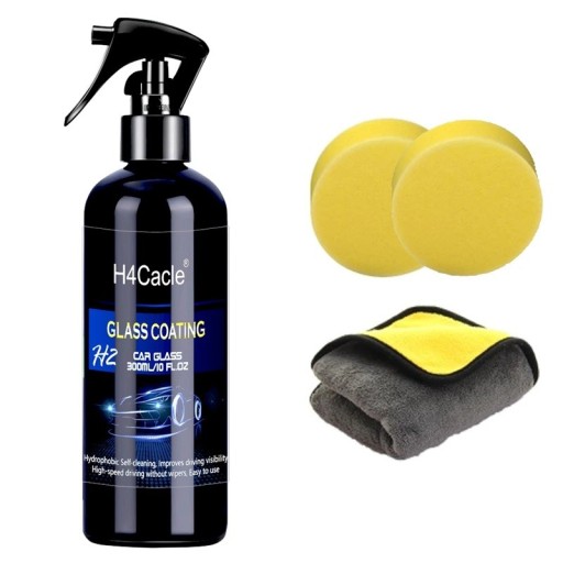Voděodolný sprej na autosklo proti dešti 300 ml hydrofobní nátěr černá lahvička se žlutými houbičkami a hadříkem