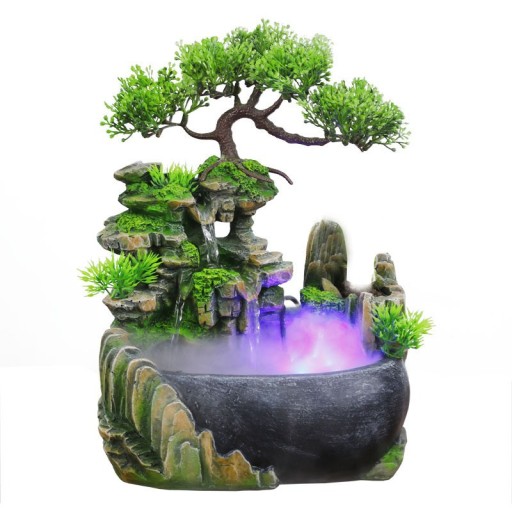 Vodná fontána s LED svetlami a hmlou EU zástrčka Svetelná dekorácia bonsai Feng Shui izbová fontána so skalkou a stromom 28 x 20 x 15 cm