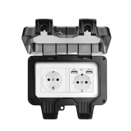 Vonkajšia dvojitá zásuvka s 2x USB, vodeodolná, EU, 16 A, 220 V, 17 x 11 cm, na omietku, s uzamykateľným viečkom, čierna, na záhradu a terasu