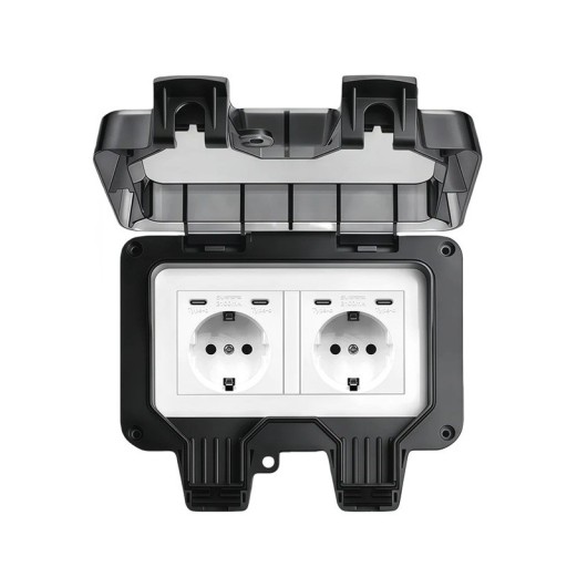 Vonkajšia vodotesná dvojitá zásuvka EU IP66 s uzamykateľným viečkom, 16 A, 220 V, 4× USB-C, čierna, na omietku, pre záhradu a terasu