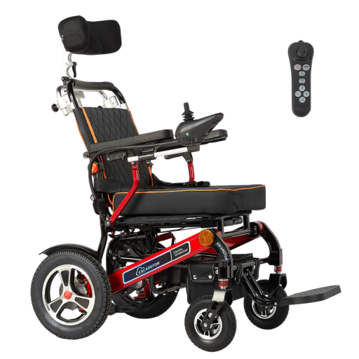 Vouwbare elektrische rolstoel voor senioren motor 500 W lichtgewicht aluminium verstelbaar met hoofdsteun en Bluetooth bediening zwart en rood