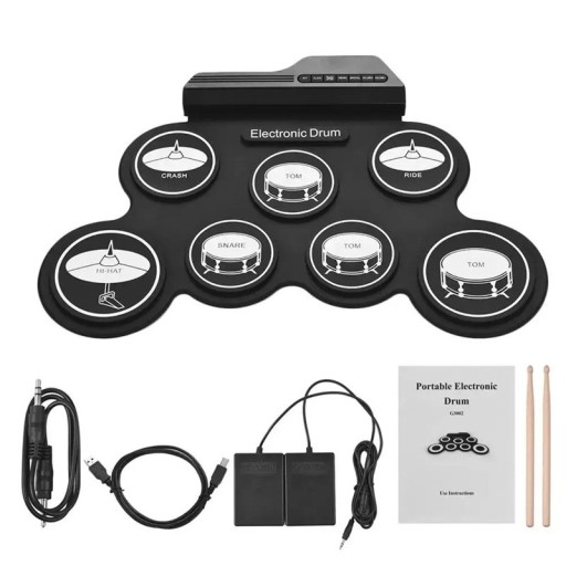 Vouwbare siliconen USB elektronische drumset draagbare rolbare oefenset met pedalen, stokken en voedingskabel 43x28x2.7 cm