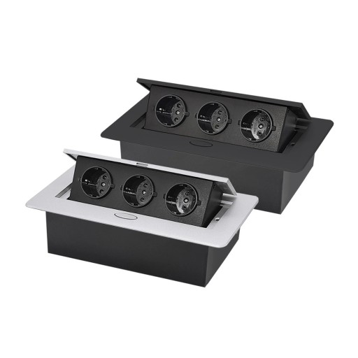 Výklopný zásuvkový panel 3 EU zásuvky 265×118×70 mm hliníkový panel s tlačítkem pro vysunutí do pracovní desky