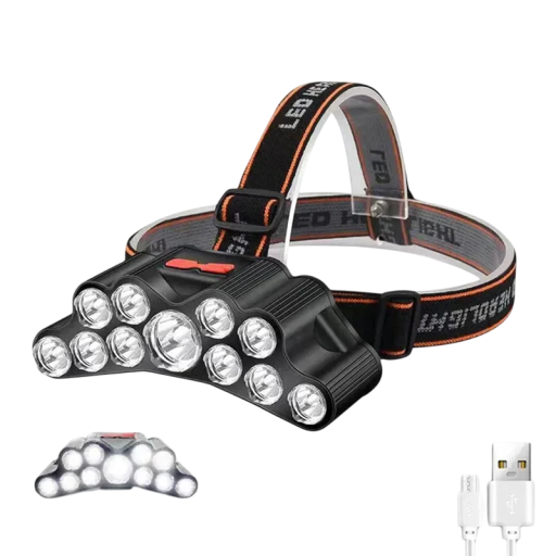 Výkonná čelovka s 11 LED diódami Dobíjacie čelové svietidlo USB nabíjanie 90° otočná hlava Nastaviteľný elastický popruh Outdoor svietidlo