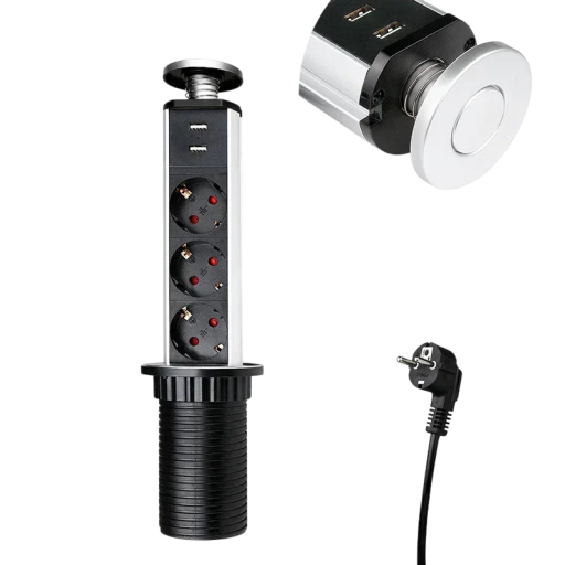 Vyskakovací zásuvka se 3 zásuvkami a 2 USB porty 33,5 x 5,8 cm krytka z hliníkové slitiny kabel 190 cm 250 V a 16 A do kuchyně i na stůl