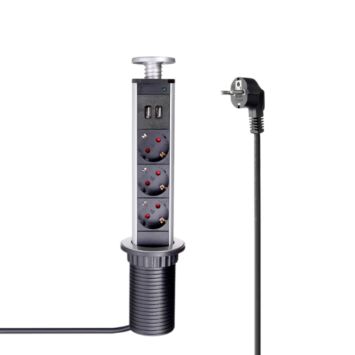 Výsuvná stolní zásuvka 110–250V se 3 zásuvkami a 2 USB porty 2,4 A Zásuvkový blok EU 16A s 2m kabelem 3G*1,5 mm² Domácnost Kancelář