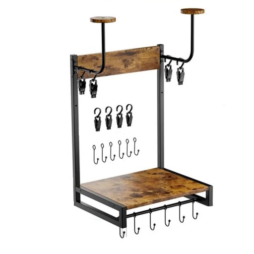 Wall-mounted Coat Rack 38 x 33 cm Height 58.5 cm with Lower Shelf, Back Panel, Two Supports, Hooks, and Clips for Small Items Brown Wood and Black Metal