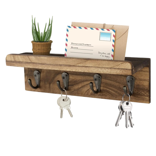 Wall-Mounted Key Holder with Shelf and Hooks 24x8.5x7.3 cm Rustic Wooden Design for Storing Keys and Letters in the Hallway