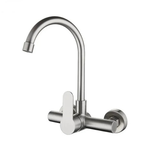 Wall-Mounted Lever Kitchen Tap in Stainless Steel with High Swivel Spout for Hot and Cold Water in Silver for Kitchen Sink