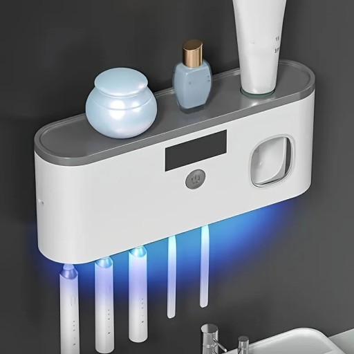 Wall-Mounted Toothbrush Holder with UV Sterilisation Toothpaste Dispenser USB Charging Bathroom Organiser for 5 Brushes