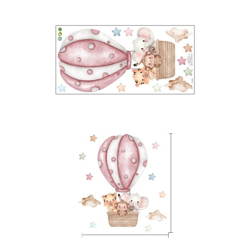 Wall Sticker for Children's Room 67.2 x 60.08 cm Tiger, Monkey and Elephant in a Pink Balloon Wall Decoration Made of Translucent Matt Vinyl