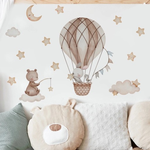 Wall Sticker for Children's Room 71.5 x 50.1 cm Bear and Rabbit in Balloon Wall Decoration Made of Translucent Matt Vinyl Easy Application