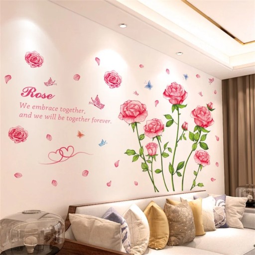Wall Stickers 60 x 90 cm Pink Roses After Application Approximately 140 x 100 cm Romantic Floral Wall Stickers Delicate Decoration