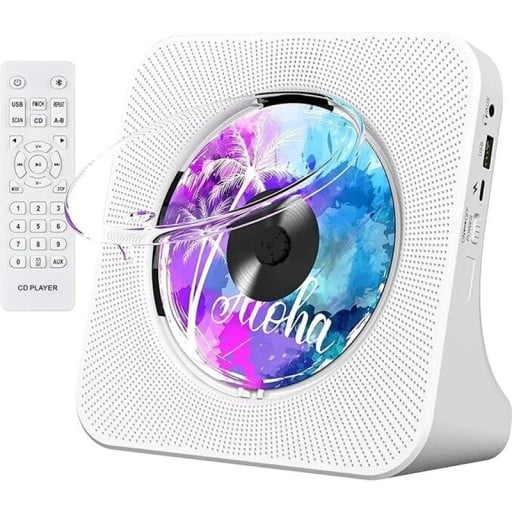 Wand Bluetooth CD-speler met 2 HiFi-luidsprekers, kunststof, 18,9x18,9x6,9 cm, wit, afstandsbediening, AUX en USB-aansluiting voor muziek