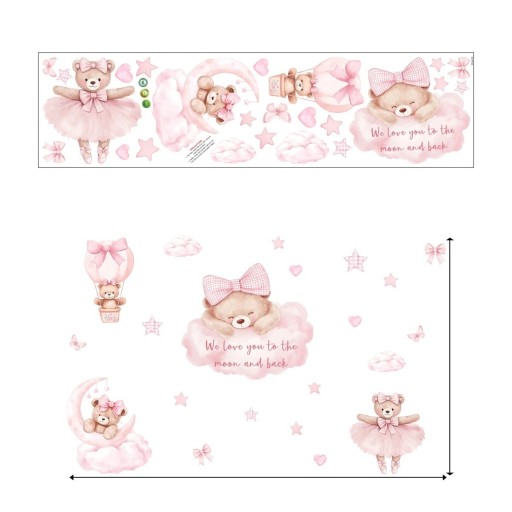 Wandaufkleber 150 x 120 cm Bärchen auf rosa Wolke und Ballon Transparenter matter Vinyl Dekoration für das Kinderzimmer Große Wanddekoration