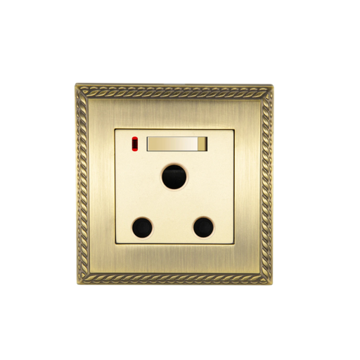 Wandcontactdoos 15A enkelvoudig met schakelaar en controlelampje, 86×90 mm, zinklegering, brons-goud, retro design voor thuis