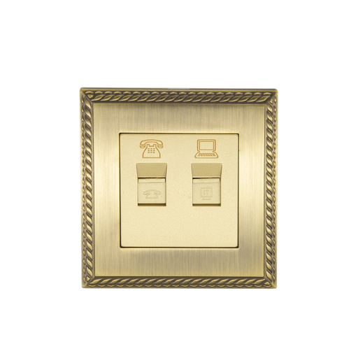 Wandcontactdoos telefoon en computer 2-in-1, 86 x 90 mm, zinklegering, metalen paneel, goud, vintage retro ontwerp, voor thuis en kantoor