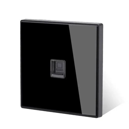 Wanddata-aansluiting RJ45 voor computernetwerk, paneel van gehard glas 8,6 x 8,6 cm, kunststof behuizing, zwart, voor inbouwdoos