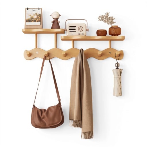 Wandgarderobe 52 x 10 x 16 cm mit 6 multifunktionalen Haken und zwei wellenförmigen Regalen als Organizer für Kleidung und Schlüssel
