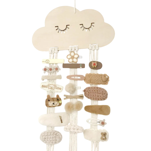 Wandhaken für Haarklammern mit Wolkenmotiv und Aufhängeschnüren, Holzorganizer, natürliche beige Farbe, Aufbewahrung von Klammern