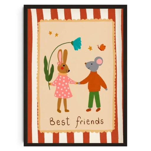 Wandplakat Hase und Maus beste Freunde 30 x 42 cm Leinwanddruck rot-beige Bild für das Kinderzimmer Dekoration ohne Rahmen