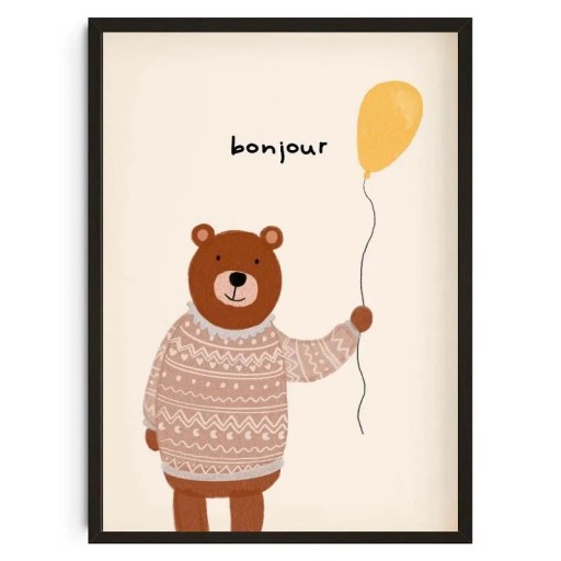 Wandplakat mit gezeichnetem Bären und gelbem Ballon 30 x 42 cm Leinwanddruck gelbe Dekoration für das Kinderzimmer ohne Rahmen