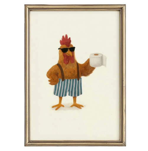 Wandposter van een haan met toiletpapier 20 x 30 cm canvasprint zacht beeld decoratie zonder lijst voor de badkamer