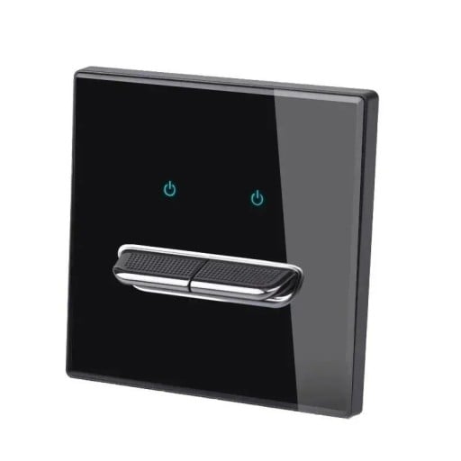 Wandschakelaar met 2 knoppen, paneel van gehard glas 8,6 x 8,6 cm, 250 V, 16 A, LED-indicatoren, voor inbouwdoos