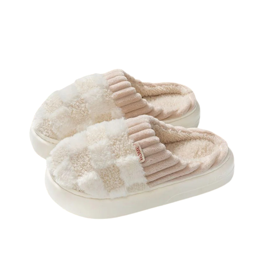 Warme karierte Hausschuhe für Damen mit weicher Sohle, pelzige Anti-Rutsch-Hausschuhe, bequeme Winterpantoffeln, weiches, warmes Schuhwerk
