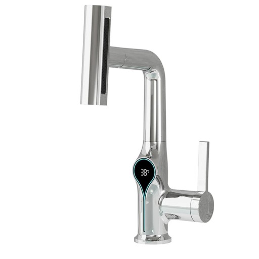 Wastafelmengkraan met digitale temperatuurdisplay Waterval opklapbare kraan met sproeier Warm en koud water Moderne badkamer
