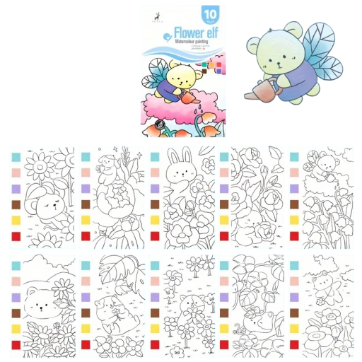 Watercolour Colouring Book with Integrated Colours 14.2 × 9.5 cm Compact Pad 10 Pages Practical for Home and Travel