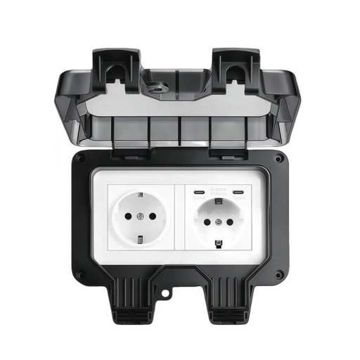 Waterdichte buiten dubbele EU aansluiting IP66 met deksel en 2x USB-C, 16A 220V, met aarding, kunststof, zwart, voor de tuin, terras en garage