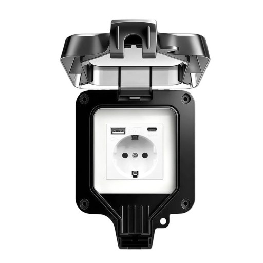 Waterdichte buitenstopcontact EU met IP66-deksel, USB-A en USB-C, 16 A / 220 V, 11 × 11 cm, kunststof, zwart, voor wandmontage in de tuin en garage