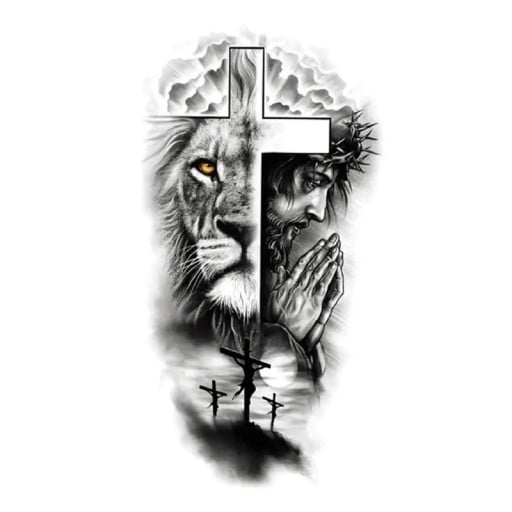 Waterdichte tijdelijke tattoo 21 x 11,4 cm Leeuw, kruis en Jezus Religieus motief Eenvoudig aan te brengen Duurzame tattoo Symbool van geloof