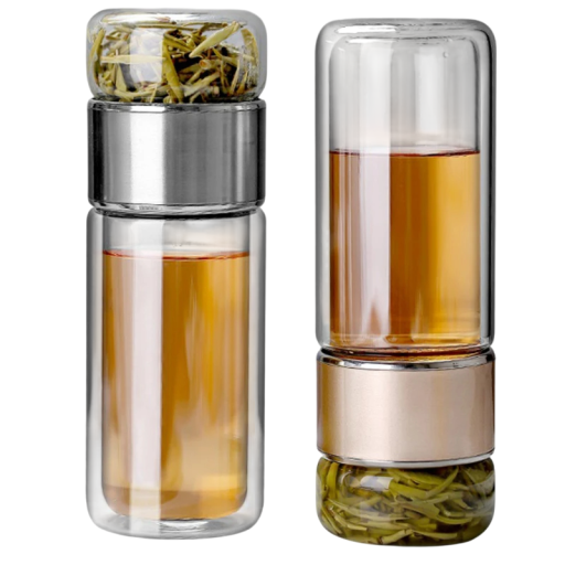 Waterfles met theefilter 390 ml Glazen infuusfles voor kruiden- en vruchtenthee Dubbelwandige thermische isolatie Lekvrije deksel Elegant design