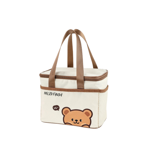 Waterproof Lunch Bag 24×15.5×19.5 cm Cream with Bear Print and Carry Handles for Transporting Food to School and Work