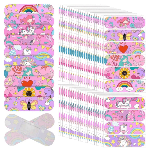 Waterproof Plasters 72 x 19 mm 50 pcs Pink and Purple Children's Plasters with Unicorn, Princess and Nature Designs Cute Design