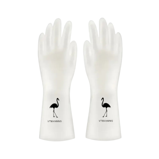 Waterproof Silicone Cleaning Gloves Size M Length Approx. 30.5 cm White with Flamingo for Kitchen Laundry Dishwashing Household