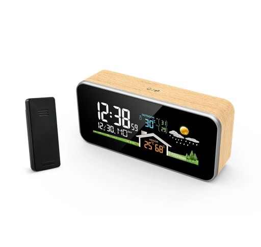 Weerstation met LED-display en houten decor 16,4 x 7,5 cm Thermometer Hygrometer Wekker Weersvoorspelling DCF-tijd 4 helderheidsniveaus