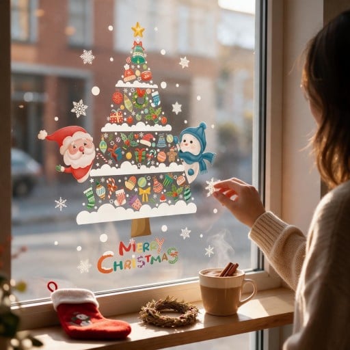 Weihnachtliche Fensteraufkleber Mehrfach verwendbar Bunter Weihnachtsbaum aus Ornamenten mit Santa und Schneemann Aufschrift Merry Christmas