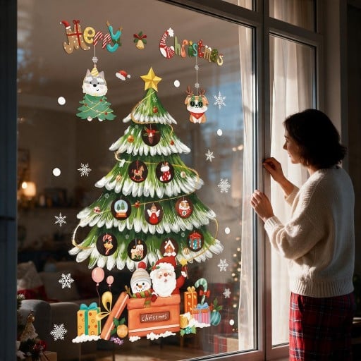 Weihnachtliche Fensteraufkleber Wiederverwendbar Aufschrift Merry Christmas Schneebedeckter Weihnachtsbaum Santa und Schneemann Grüne Dekoration