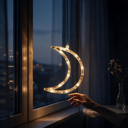 Weihnachtliche Hängende LED Licht Mond 20 x 15 cm Mit AAA Batterien Und Saugnapf Leuchtende Dekoration Warmweiß Für Fenster Im Zimmer Und Schaufenster