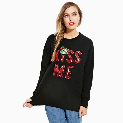 Weihnachtspullover für Damen KISS ME - Schwarz