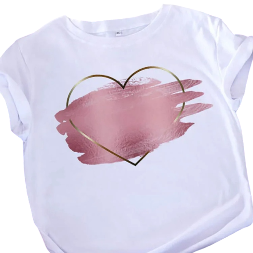 Weißes Damen-T-Shirt mit goldener Herzkontur und rosa Effekt Pinseldruck Modernes T-Shirt Kurzarm Stilvolles Oberteil Eleganter Look