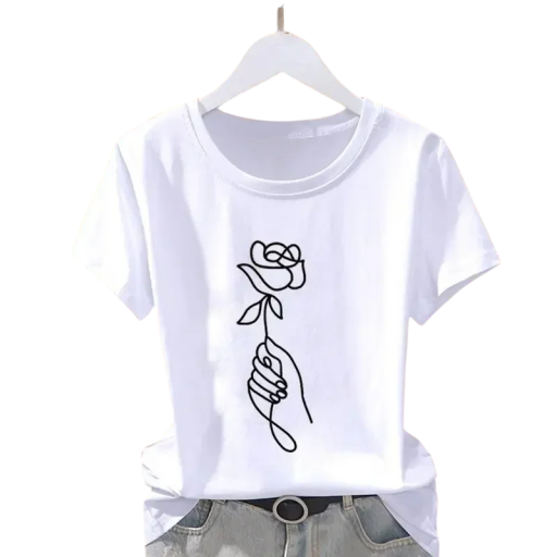 Weißes Damen-T-Shirt mit minimalistischem Rosen-Hand-Print Schlichtes Kurzarm-T-Shirt mit Rundhalsausschnitt Lässiger Style