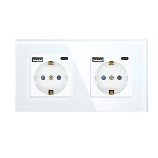 White Double Electrical Socket Type F with USB and USB-C Port Mounting Frame Device Charging Wall Socket Panel