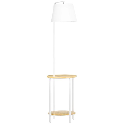 White Floor Lamp with Side Table 162 cm Metal Frame with Bamboo Shelves and Fabric Shade and Foot Switch