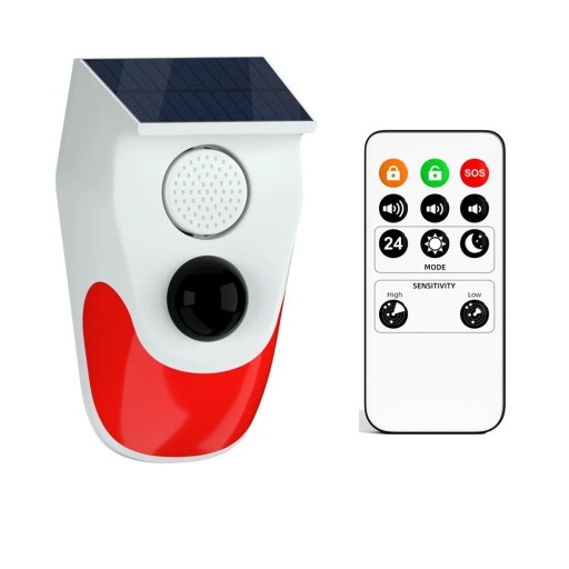 White-Red Solar Outdoor PIR Alarm with Motion Sensor and Remote Control, 120 dB Siren, Flashing LED Beacon, IP65 Rating
